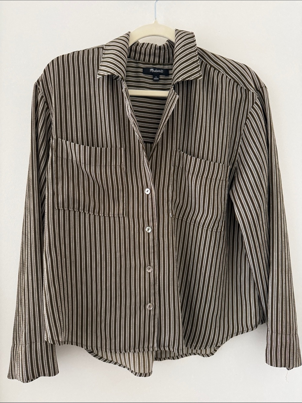Madewell Men’s Brown and Cream Striped Button-Down Shirt